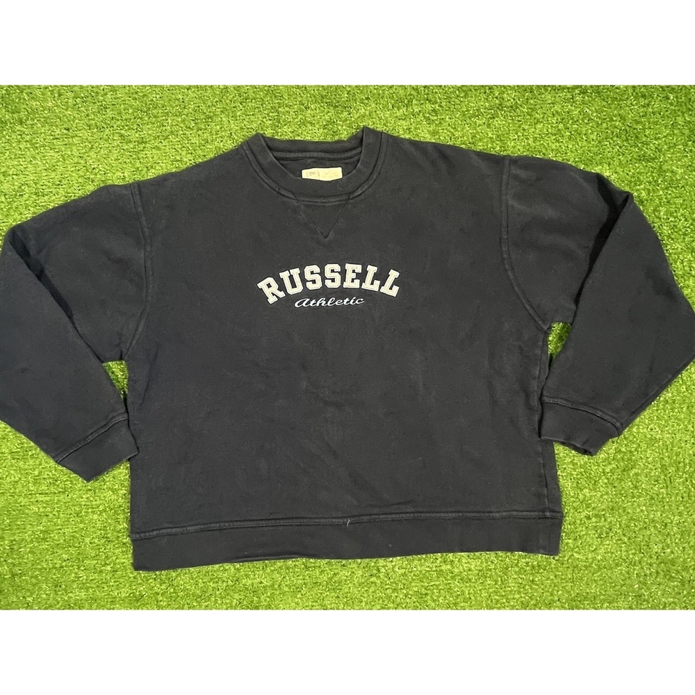 Vintage Athletic Y2k Cropped Sweatshirt MD Boxy Navy Blue Crewneck 90s EUC
